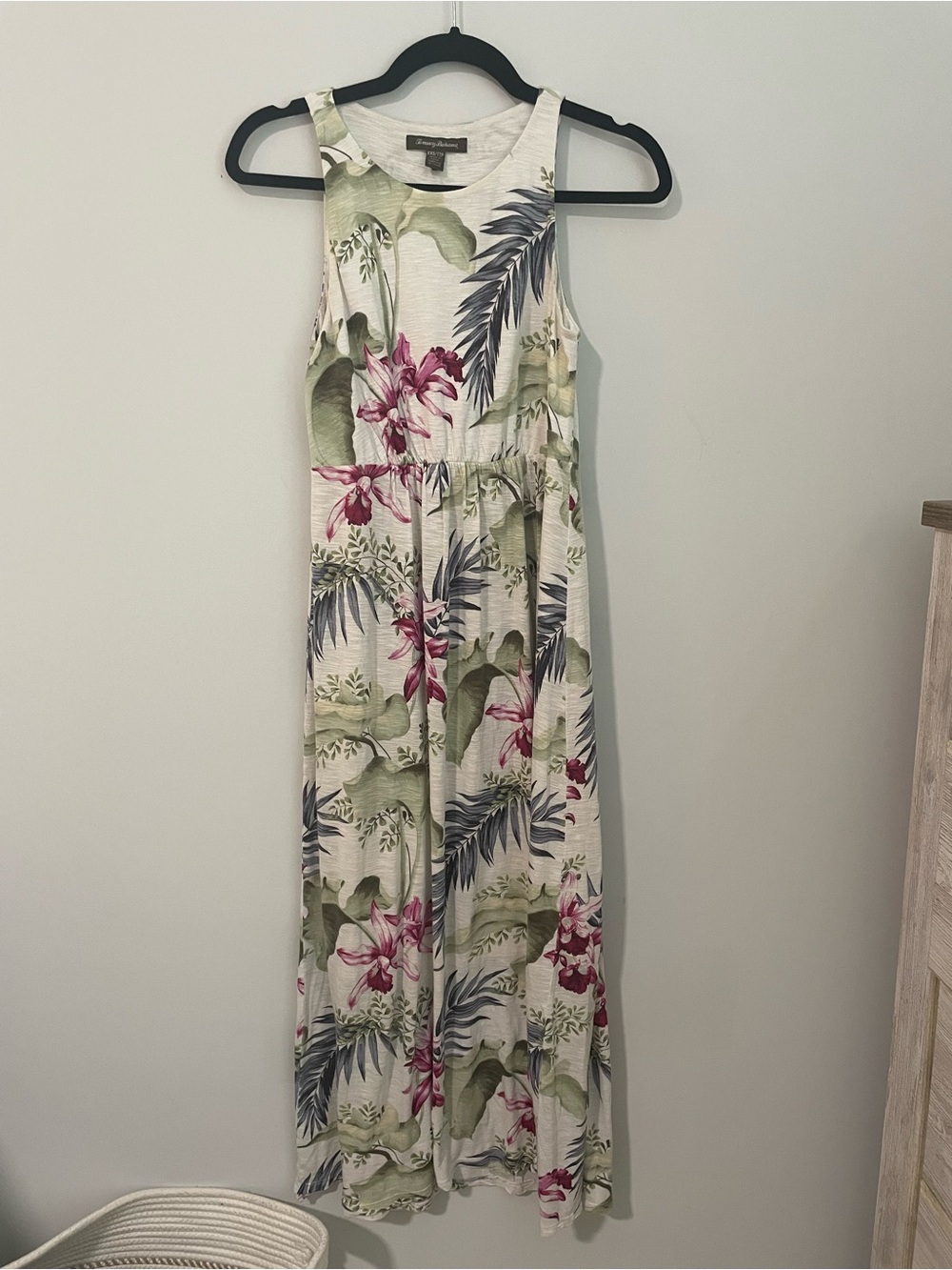 Tommy Bahama Cream Tropical Floral Maxi Dress with Green and Pink Print